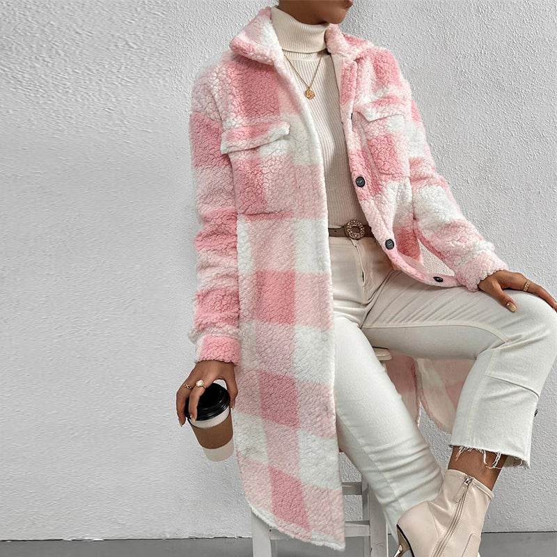 Women’s Chic Plaid Print Warm Plush Long Coat