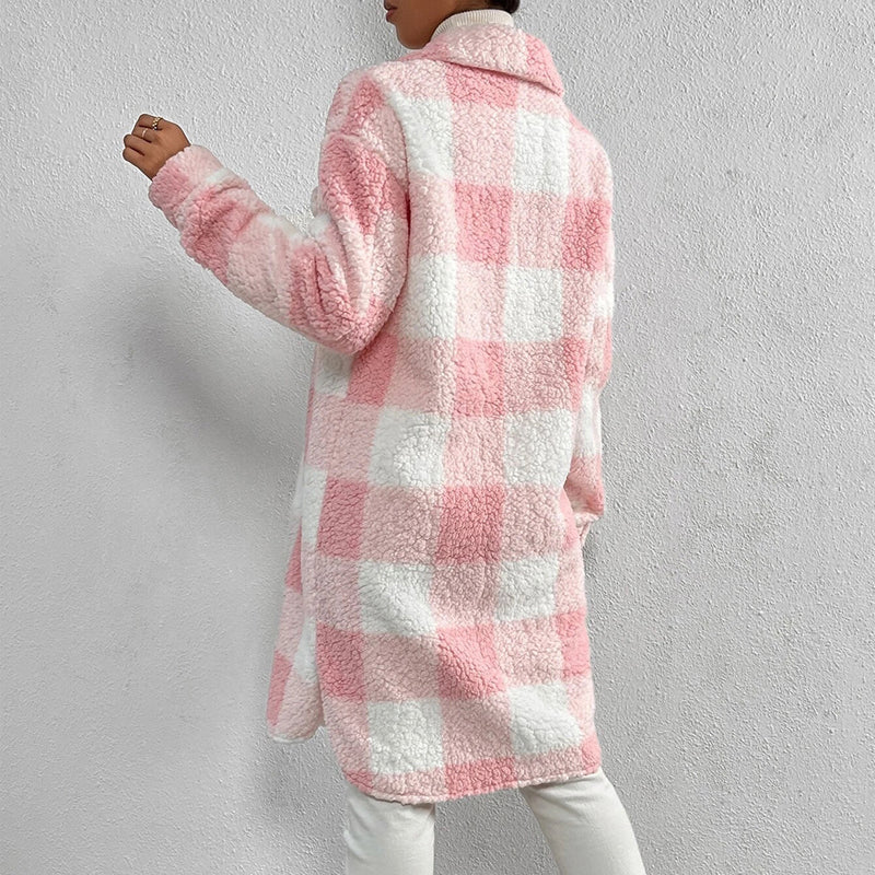 Women’s Chic Plaid Print Warm Plush Long Coat