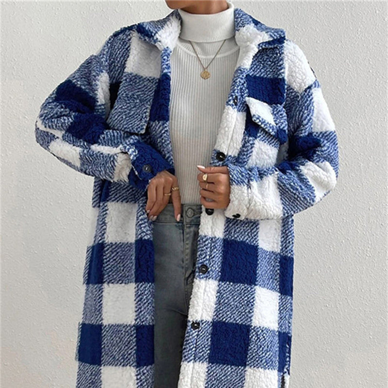 Women’s Chic Plaid Print Warm Plush Long Coat