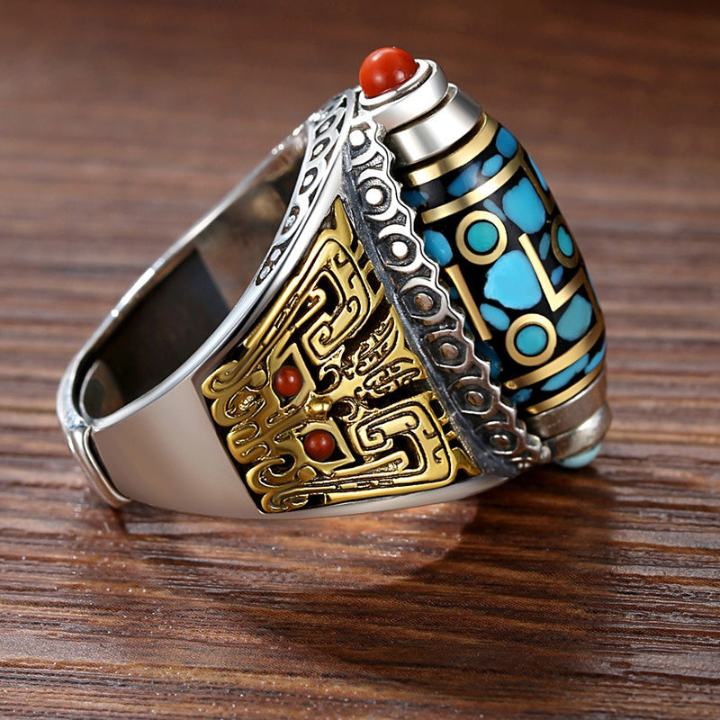 Turquoise Six-character Mantra Nine-eyed Dzi Bead Ring