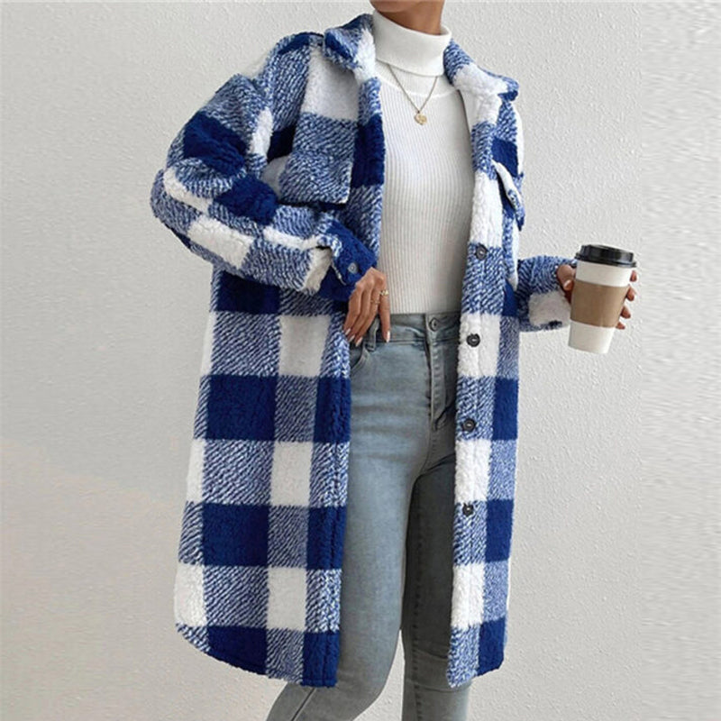 Women’s Chic Plaid Print Warm Plush Long Coat