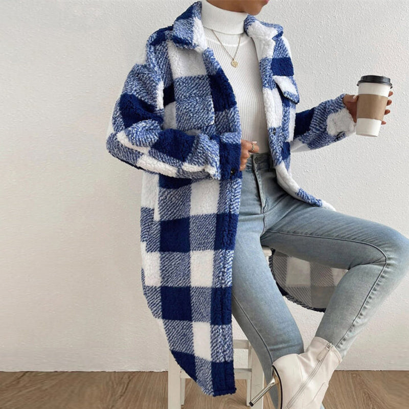 Women’s Chic Plaid Print Warm Plush Long Coat