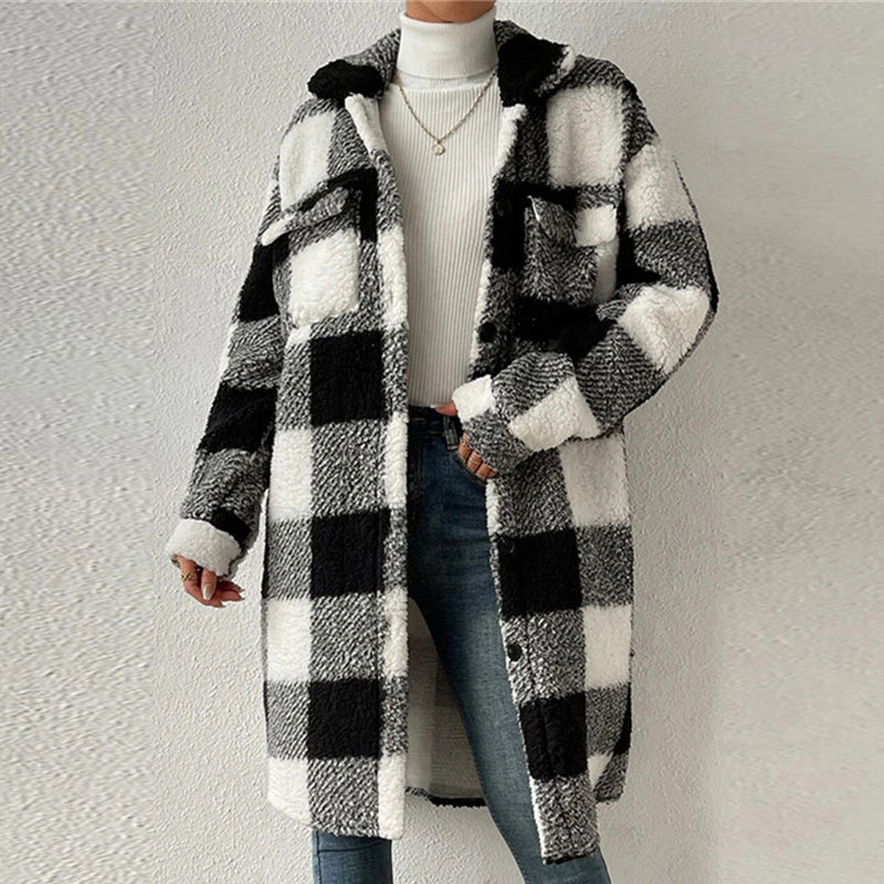 Women’s Chic Plaid Print Warm Plush Long Coat