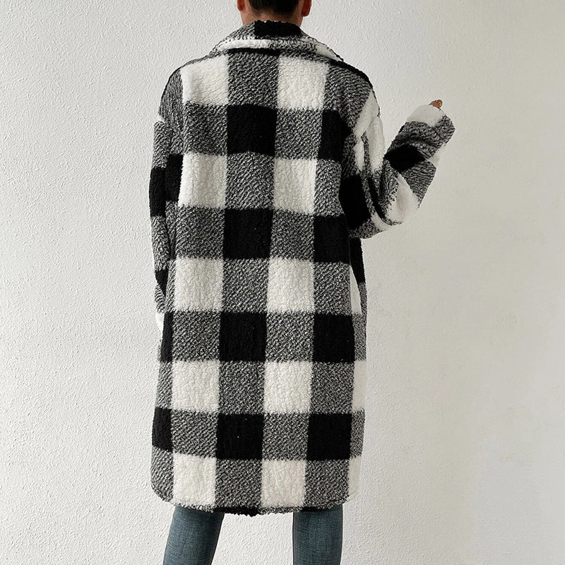 Women’s Chic Plaid Print Warm Plush Long Coat