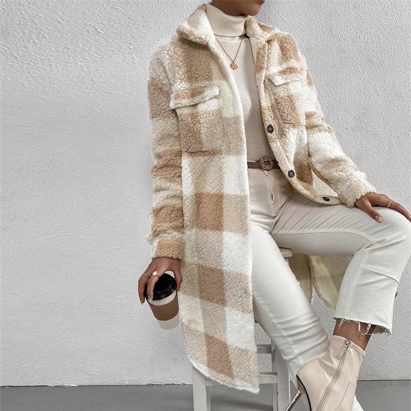 Women’s Chic Plaid Print Warm Plush Long Coat