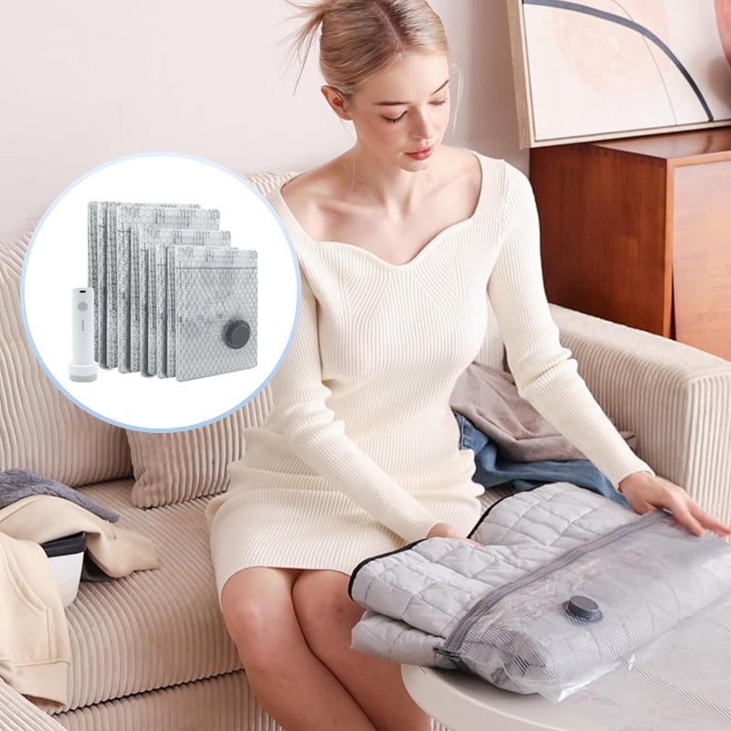Cordless Travel Vacuum Bag Set (Rechargeable Pump + 15 Bags)