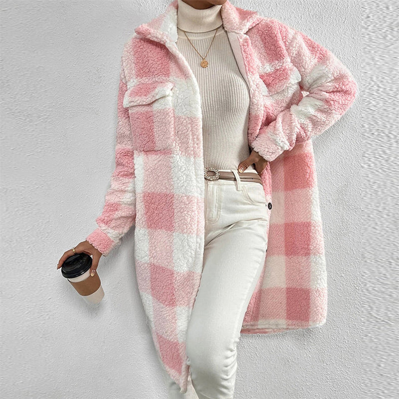 Women’s Chic Plaid Print Warm Plush Long Coat
