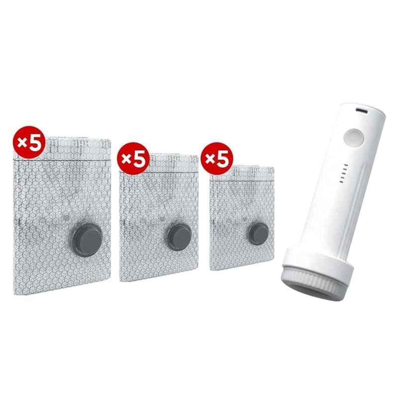 Cordless Travel Vacuum Bag Set (Rechargeable Pump + 15 Bags)
