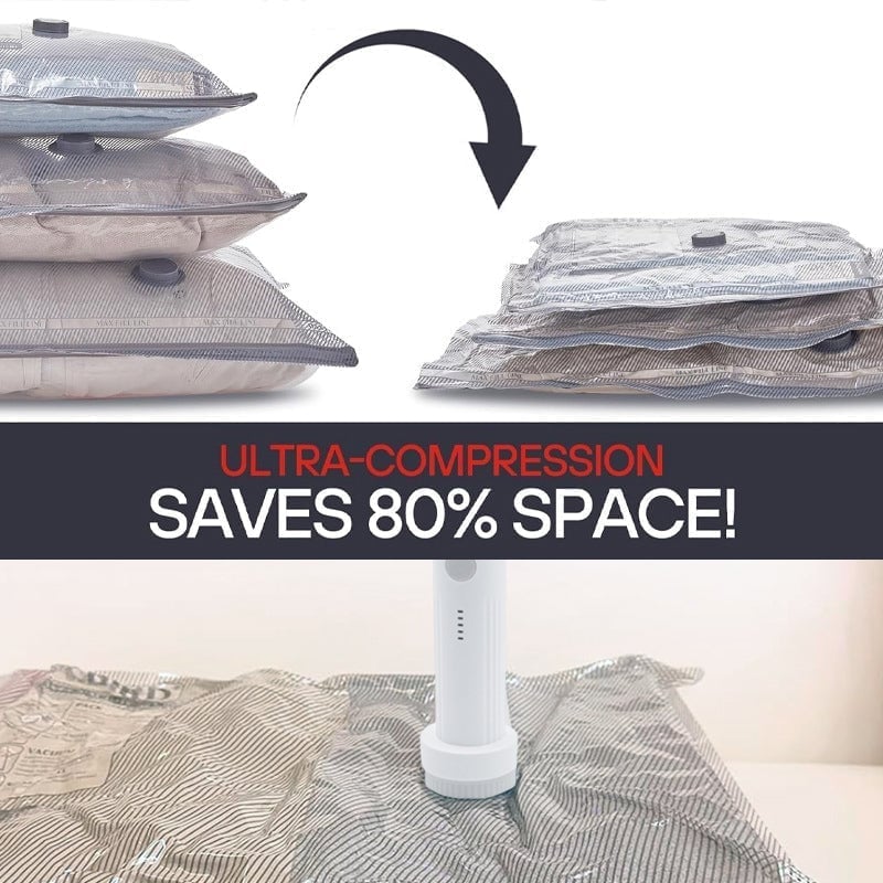 Cordless Travel Vacuum Bag Set (Rechargeable Pump + 15 Bags)