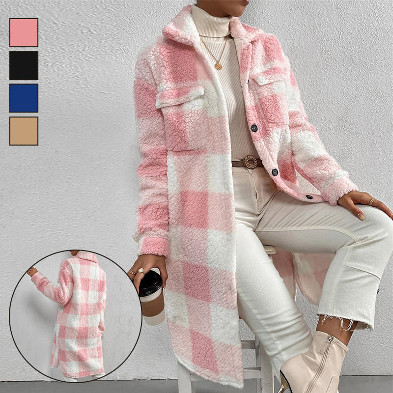 Women’s Chic Plaid Print Warm Plush Long Coat